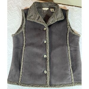 LL Bean Vest Brown Faux Suede‎ Sherpa Lined Button Front Women's M Gorpcore